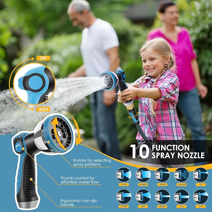 Non-Expandable Garden Hose 75 FT, Lightweight Hose with 10 Function Spray Nozzle, Kink-Free Flexible Water Hose, Durable, Leak-Proof, 360° Swivel Connectors, Portable Storage Strap