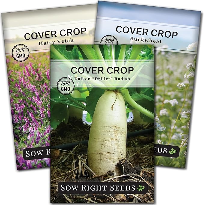 Sow Right Seeds - Cover Crop Collection for Planting - Annual Buckwheat, Hairy Vetch and Radish Daikon Driller Seed - Suppresses Weeds, Improves Soil - Non-GMO Heirloom Packet to Grow - Great Gift