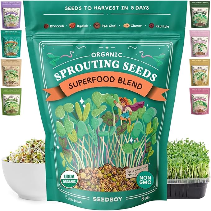 Seedboy Organic Non-GMO Sprouting Seeds, Superfood Blend - USA Grown Microgreens Mix with Broccoli, Radish, Pak Choi, Clover, Red Kale - 8 oz Makes 8 Quarts / 24 Servings (Superfood Blend)
