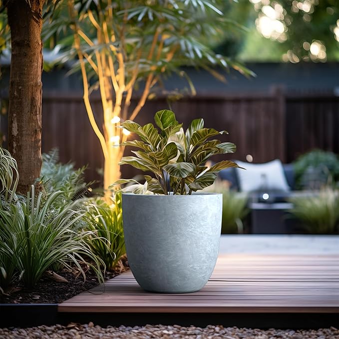 Kante Round Concrete Planter, Large Outdoor Indoor Garden Pots with Drainage Hole, 14-Inch Diameter Flower Pots for Patio, Garden and Home, Slate Gray