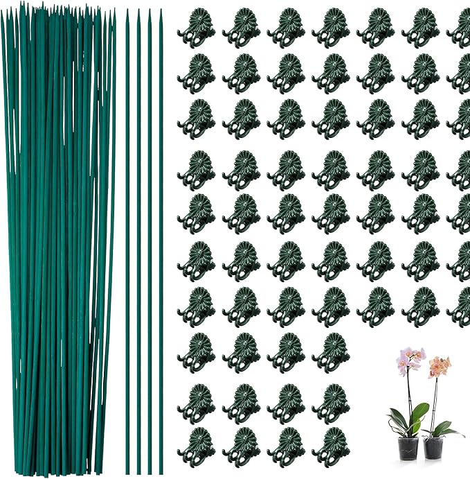 Jetec 120 Pieces Plant Support, Include 18 Inch Wood Plant Stake, Plant Clips, Garden Plants Bamboo Stake Craft Floral Picks Orchid Clips, Green