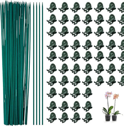 Jetec 120 Pieces Plant Support, Include 18 Inch Wood Plant Stake, Plant Clips, Garden Plants Bamboo Stake Craft Floral Picks Orchid Clips, Green