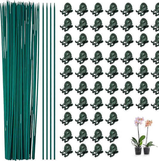 Jetec 120 Pieces Plant Support, Include 18 Inch Wood Plant Stake, Plant Clips, Garden Plants Bamboo Stake Craft Floral Picks Orchid Clips, Green