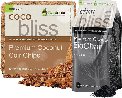 Coco Chips (10lbs) + Char Bliss (8 Qts) - Coco Chips for Plants & Organic Biochar for Plants - Biochar Soil Amendment & Coconut Mulch - Coco Coir Chips - Charcoal for Plants - Garden Soil Potting Mix