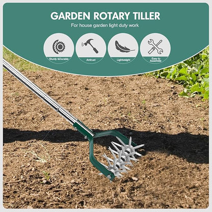 Garden Cultivator Adjustable Stainless Steel Handle, fine Rotary Cultivator Tiller for Small Scale Gardens Soil Loosening, Lawn Aeration, Fertilizer Mixing & Planting Preparation