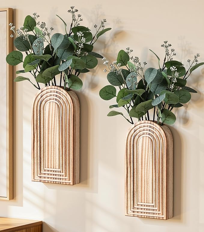 DREAMLOOM 2 Pack Wooden Wall Vases with Fake Plants, Wall Hanging Planters Boho Modern Farmhouse Indoor for Narrow Spaces Entryway Bathroom Home Office Decoration, Brown