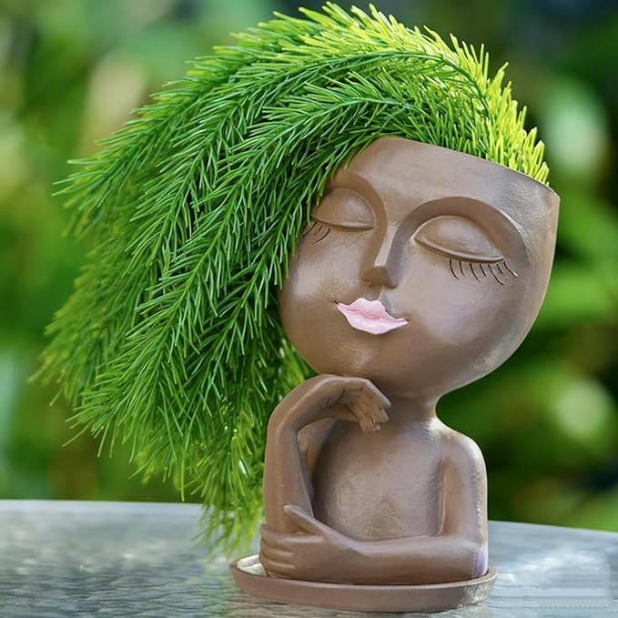 1 PCS Face Planter Pot Cute Lady Face Resin Succulent Planters with Drainage Holes Indoor Outdoor Coffee Table and Garden Balcony Decor Gift IdeaI for Mother Christmas (Brown)