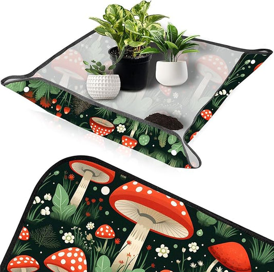 Pardick Repotting Mat for Indoor Plant 26"x26" Flowers Mushrooms Soil Change Mat Waterproof Planting Tray Colorful Mushrooms Foldable Succulent Potting Mat Gardening Gifts for Women Men Plant Lovers