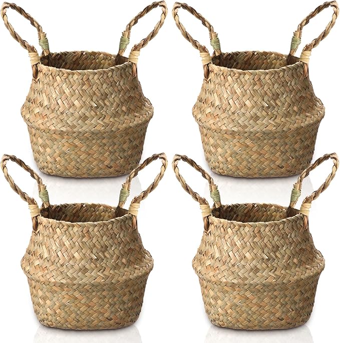 Qunclay 4 Pcs Woven Seagrass Baskets Belly Basket Folding Boho Natural Plant Pot with Handles Round Decorative Wicker Large Indoor Planter for Home Outdoor Tree Planters Decor (Xs,7.9''dx6.3''h)