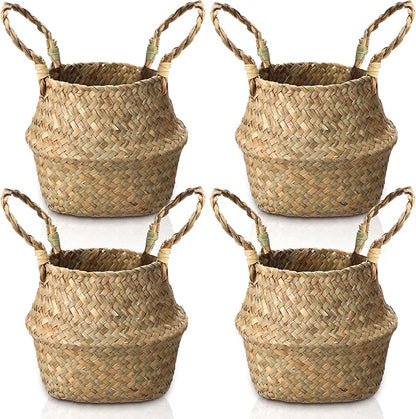 Qunclay 4 Pcs Woven Seagrass Baskets Belly Basket Folding Boho Natural Plant Pot with Handles Round Decorative Wicker Large Indoor Planter for Home Outdoor Tree Planters Decor (Xs,7.9''dx6.3''h)