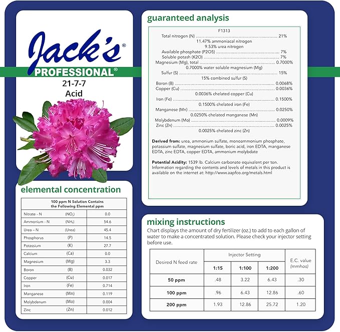 Jack's Classic Professional 21-7-7 Water Soluble Fertilizer for Acid Loving Plants in Continuous Feed Programs, 25lbs