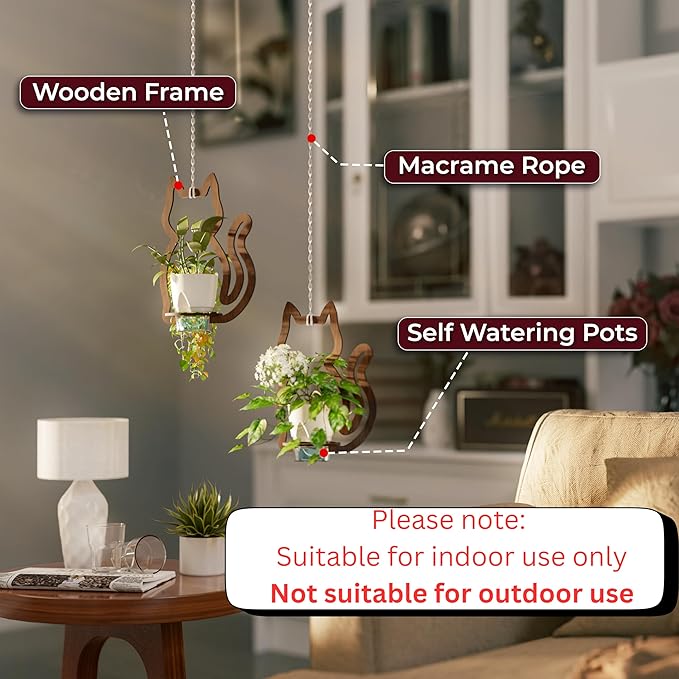 EIGEN Hanging Planters for Indoor Plants - with Self Watering Pots for Indoor Plants (Included), Comes with Macrame Plant Hanger Cord, Cat Decor Planters with Plant Pots (2 Set)