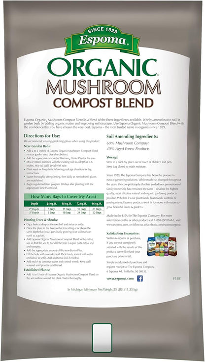 Espoma Organic Mushroom Compost Blend. Combines Rich Mushroom Compost with Aged Forest Products to Make The Perfect Soil Conditioner. 0.75 Cubic Foot Bag - Pack of One