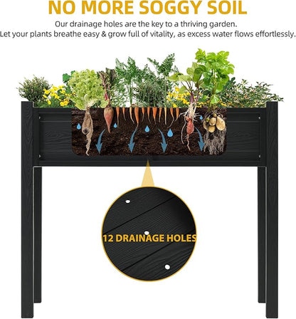 DWVO Raised Garden Bed HDPE with Legs Poly-Wood All-Weather Elevated Planter Box Outdoor with Drainage System Patio Planters for Herbs Vegetables Flowers Plant Bed for Garden Balcony, Black