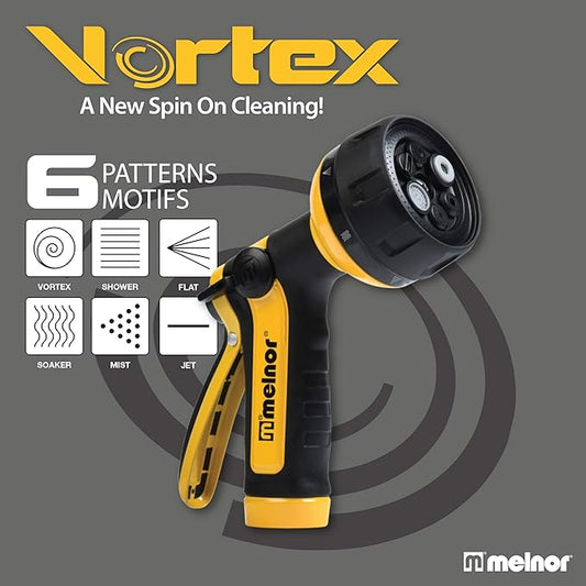 Melnor 65112-AMZ 6-Pattern Vortex Water Hose Sprayer Nozzle, QuickConnect Product Adapter, Black, Yellow, Slip Resistant Outdoor Hose Nozzle Sprayer for Watering Plants, Lawn, Car Washing, Patio, Pet