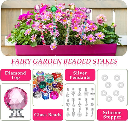 MTLEE 101 Pieces Garden Stakes Decorative Beaded Garden Stakes with Crystal Stopper Top Round Glass Bead Antique Silver Bail with Pendant Silver Bead for Outdoor Decoration (Vintage Style)