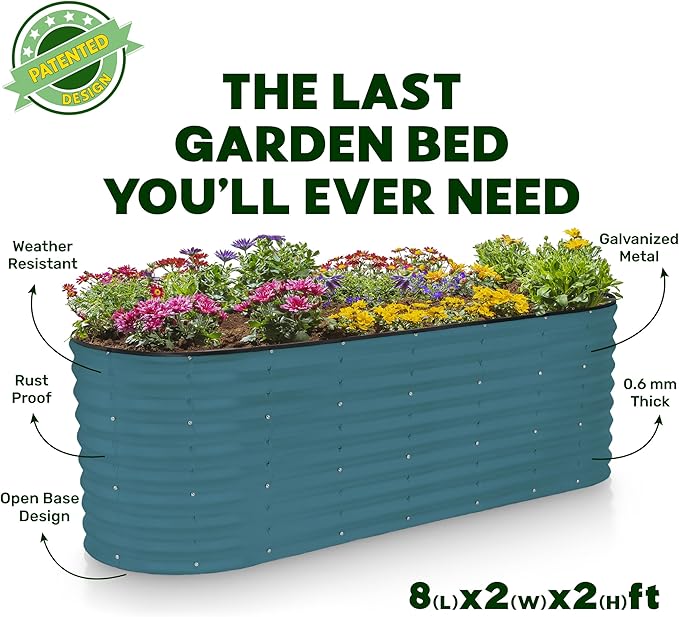Plant & Plot Galvanized Raised Garden Beds Outdoor // 8×2×2 ft Planter Raised Beds for Gardening, Vegetables, Flowers (Turquoise) // Large Metal Garden Box // Patented Tool-Free Design