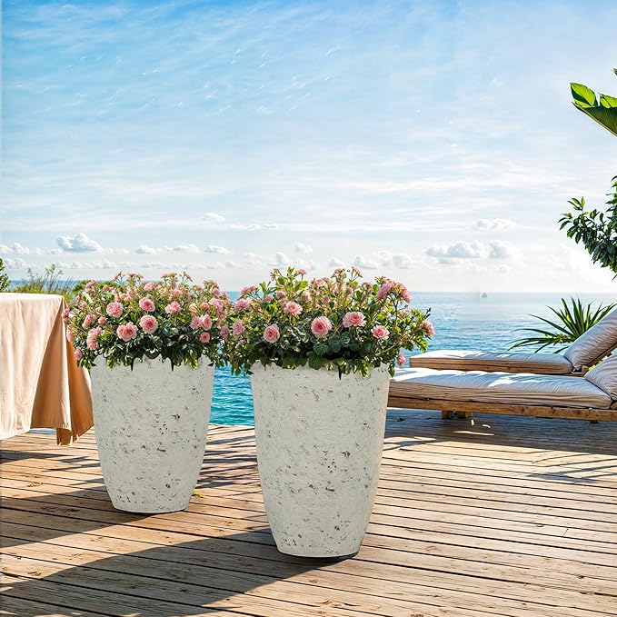 19.5"H Resin Tall Planters for Outdoor Indoor Use, 2-Pack Large Flower Pots, Weather-Resistant Plant Container for Garden Yard Porch or Home Décor, Handcrafted Birch Bark Texture, Country White