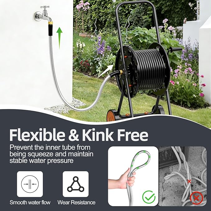 SPECILITE 5FT Short Garden Hose, 1/2" 304 Stainless Steel Leader Hose with Female to Female Brass Fittings, Flexible, Heavy-Duty & Never Kink, Water Pipe for Yard, Outdoor, Lawn