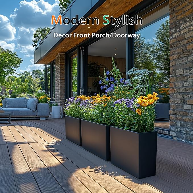 Rectangular Planter Box for Outdoor Plants, Large Tall Resin Garden Pots for Front Porch, Patio, Indoor (Black, 25 x 21 inch)