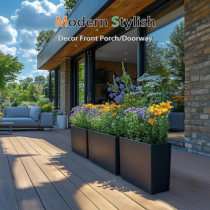 Rectangular Planter Box for Outdoor Plants, Large Tall Resin Garden Pots for Front Porch, Patio, Indoor (Black, 25 x 21 inch)