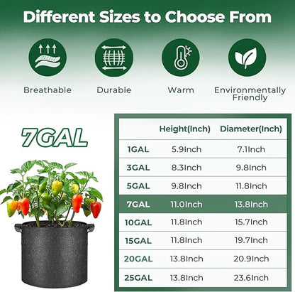 T4U 7 Gallon Grow Bags, Upgrade Grow Bags with Handles, Heavy Duty Thickened Nonwoven Fabric Pots, 7 Gallon Pots for Plants, Bell Pepper, Chili, Carrot, Kale (10 Pack)