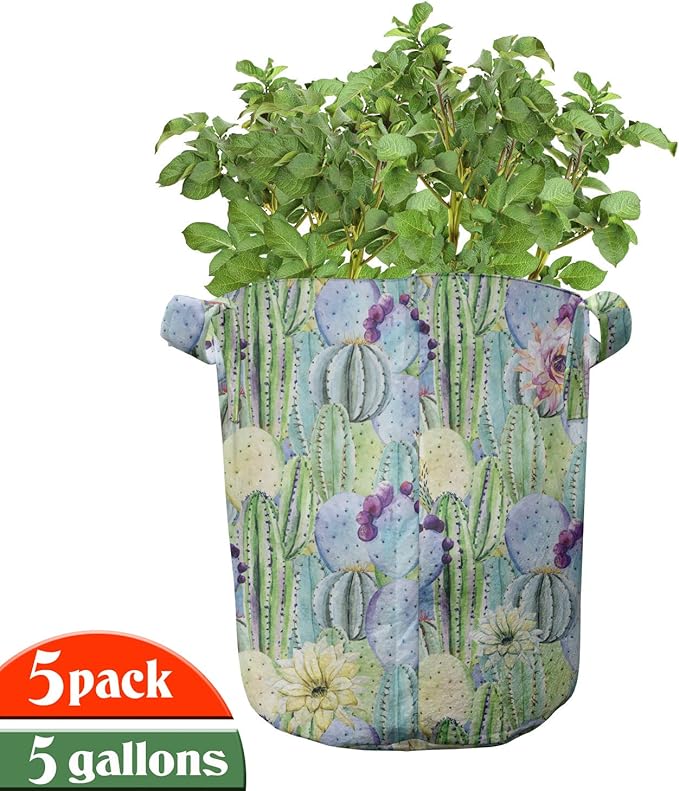 Ambesonne Colorful Grow Bags 5-Pack, Orange Lemon Fruits, Heavyduty Fabric Pots with Handles for Plants, Magenta Orange