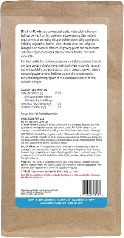 Down To Earth All Natural Fertilizers Organic Solution Grade Fish Powder - Water Soluble Nitrogen - Makes up to 50 Gallons of Liquid Fish Fertilizer for Soil or Foliar Spray 12-1-1, 1 lb