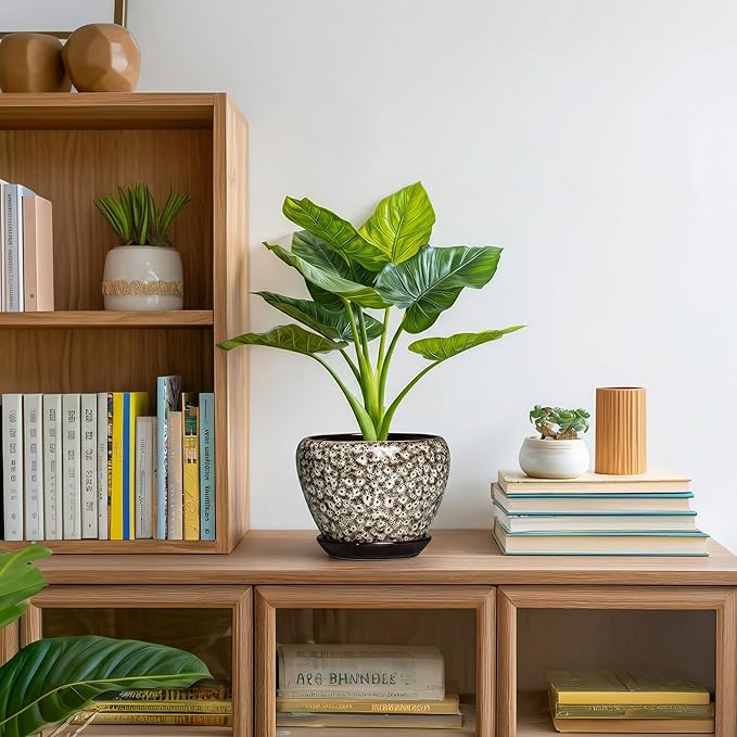 6 Inch Pots for Plants - Ceramic Plant Pots with Drainage Hole and Saucer, Round Planters for Indoor Plants Outdoor, Decorative Planter, Home Decor, Gifts for Plant Lovers, White Leopard