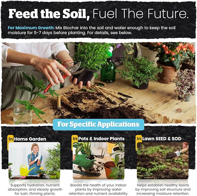 Wakefield Premium Organic Biochar Soil Amendment & Soil Conditioner Certified Carbon-Negative Nutrient-Locking, Water-Efficient Bio Char for Plants & Lawns - Soil Amendments for Lawn - 2 Quart