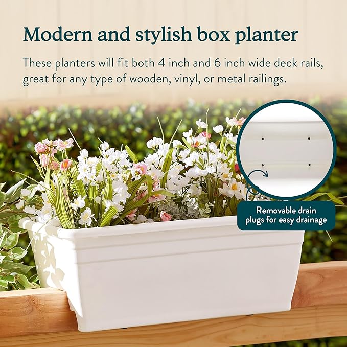 The HC Companies 24 Inch Wide Heavy Duty Plastic Deck Rail Mounted Garden Flower Planter Boxes with Removable Drainage Plugs, 2 Pack, White
