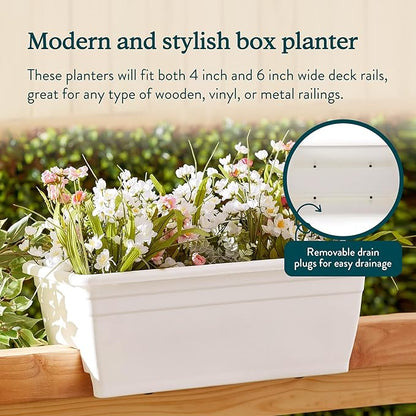 The HC Companies 24 Inch Wide Heavy Duty Plastic Deck Rail Mounted Garden Flower Planter Boxes with Removable Drainage Plugs, 2 Pack, White