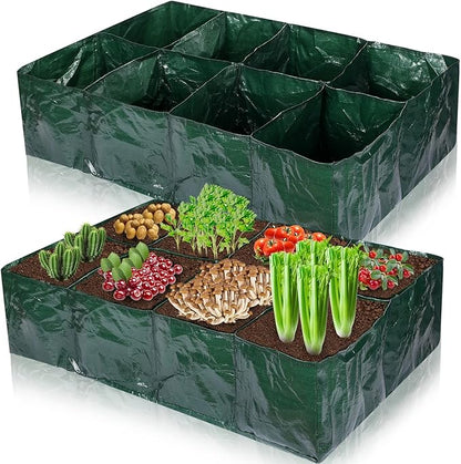 Irenare 2 Pcs 35 Gallon Fabric Raised Garden Beds Planters PE Planting Bed with 8 Divided Grids Rectangle Garden Beds Outdoor Flower Bed with 8 Drainage Holes for Vegetables Fruits Flowers(Green)