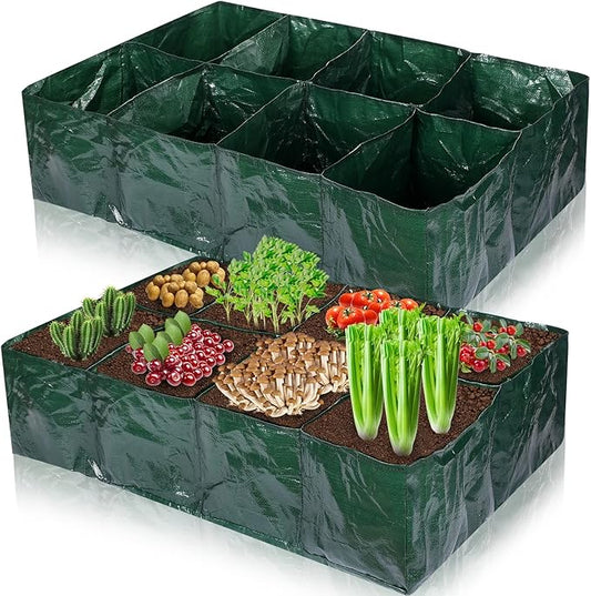 Irenare 2 Pcs 35 Gallon Fabric Raised Garden Beds Planters PE Planting Bed with 8 Divided Grids Rectangle Garden Beds Outdoor Flower Bed with 8 Drainage Holes for Vegetables Fruits Flowers(Green)