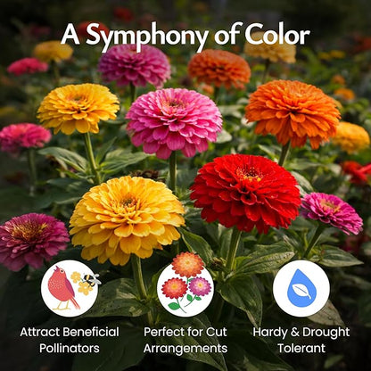 Created By Nature, Dahlia Zinnia Wildflower Seed Mix, Red, Pink, Orange, Yellow, Purple, and White Annual Flower Seeds, 2,125 Wildflower Seeds Bulk for Pollinator Gardens (Zinnia elegans)