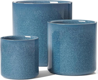 LE TAUCI Ceramic Pots for Plants, 10/8/6 Inch Indoor Planters with Draiange Hole, Silicone Plug & Mesh Pad, Modern Minimalist Pots for Home Office, Set of 3, Glossy, Harbor Blue