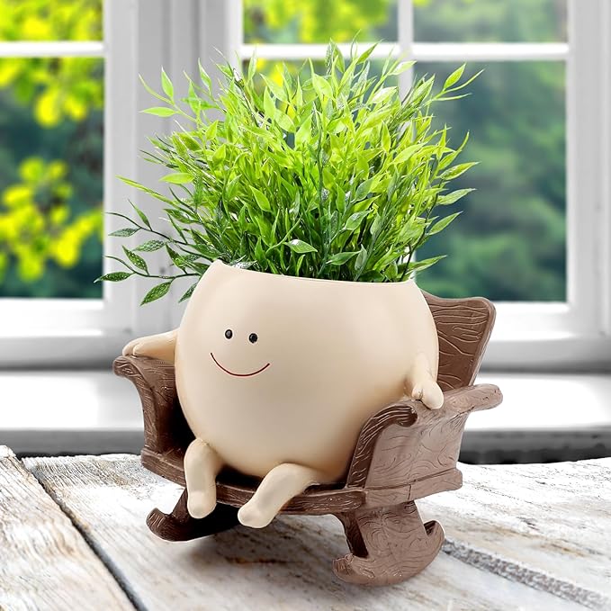 Cute Resin Flower Head Planters, Smily Face Planter Pots for Indoor Plants, Sit Rocking Chair Succulent Flower Pots with Drainage Hole, Gift IdeaI for Birthday