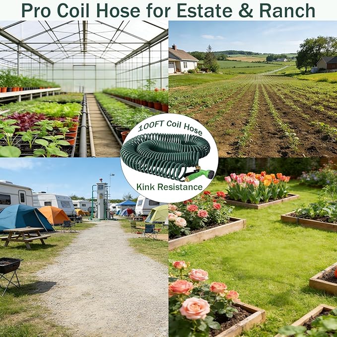 100FT Kink-Free EVA Coil Garden Hose, 3/4'' Brass Connector Expandable Self Coiling Water Hose with 7 Patterns Spray Nozzle for Lawn, Greenhouse, Patio, Boat, Car Wash