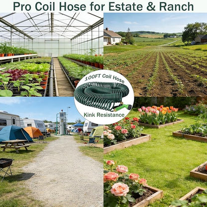 100FT Kink-Free EVA Coil Garden Hose, 3/4'' Brass Connector Expandable Self Coiling Water Hose with 7 Patterns Spray Nozzle for Lawn, Greenhouse, Patio, Boat, Car Wash