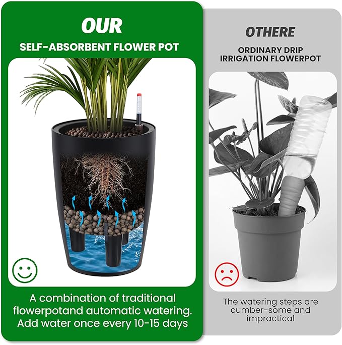 GarveeLife Set of 2 Tall Planters for Outdoor Plants, 16in Large Planters for Outdoor Indoor Plants with Water Level Monitor ＆ Inner Bucket, Automatic Watering, for Porch, Patio, Backyard（Black,Large）