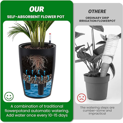 GarveeLife Set of 2 Tall Planters for Outdoor Plants, 16in Large Planters for Outdoor Indoor Plants with Water Level Monitor ＆ Inner Bucket, Automatic Watering, for Porch, Patio, Backyard（Black,Large）