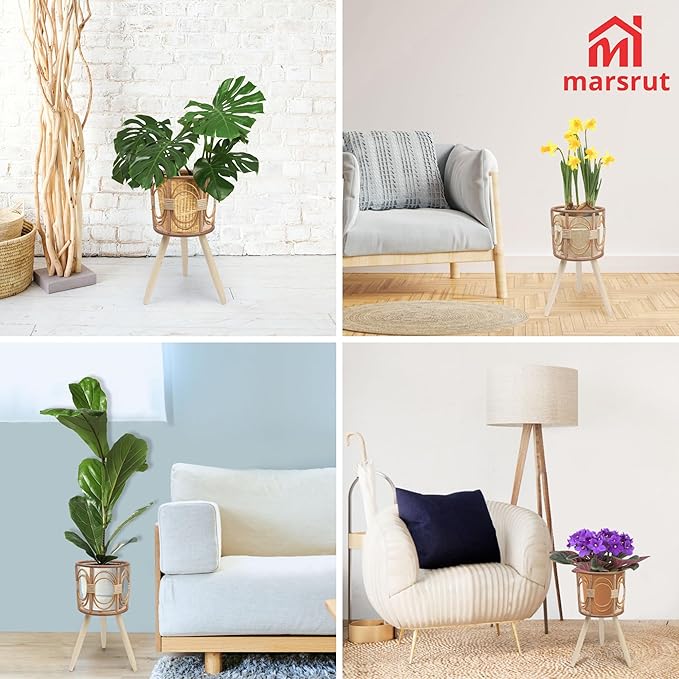 Rattan Plant Stand, Wicker Plants Baskets Indoor, Small, Cute Handmade Woven Wooden Planter with Legs, Boho Style Hollow Flowers Display Rack Straw Standing Floor Stool Shelf for Pot Holder Outdoor Decorations