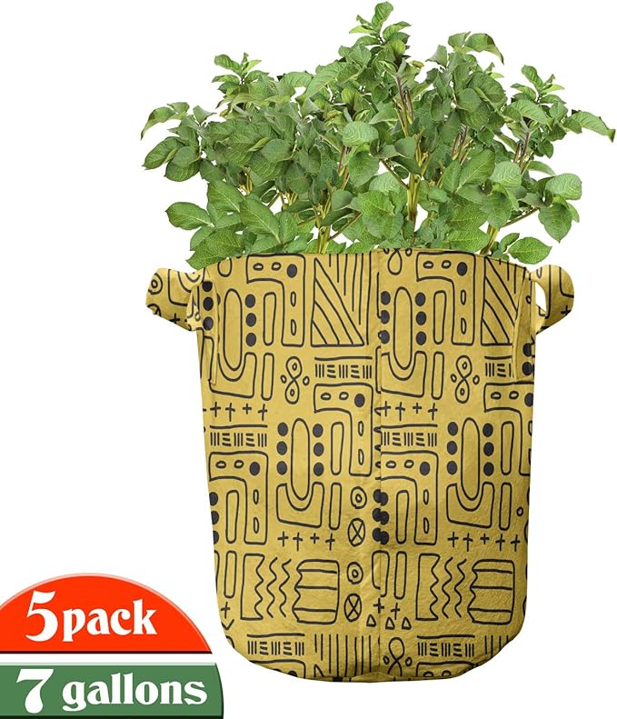 Lunarable Aztec Grow Bags 5-Pack, Geometric Shapes Cultural, Heavyduty Fabric Pots with Handles for Plants, Yellow Black