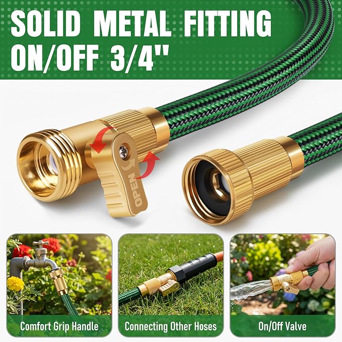 Garden Hose 75 ft NON-EXPANDABLE Water Hose, Flexible & Lightweight Kink Resistant Hybrid Hose, Leak-Proof Heavy Duty, Super Durable Fabric with 3/4" Solid Brass Connectors