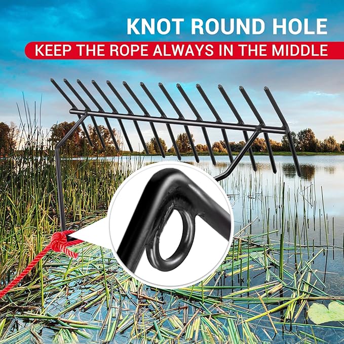 24" Aquatic Weed Rake, No Assembly Required, 8.6" Steel Rod Lake Weed Cutter, One-Piece Welding, Lake Weed Rake for Pond Beach Landscaping, Perfect Tie Hole, 30ft Thicker Rope and Net, Black.