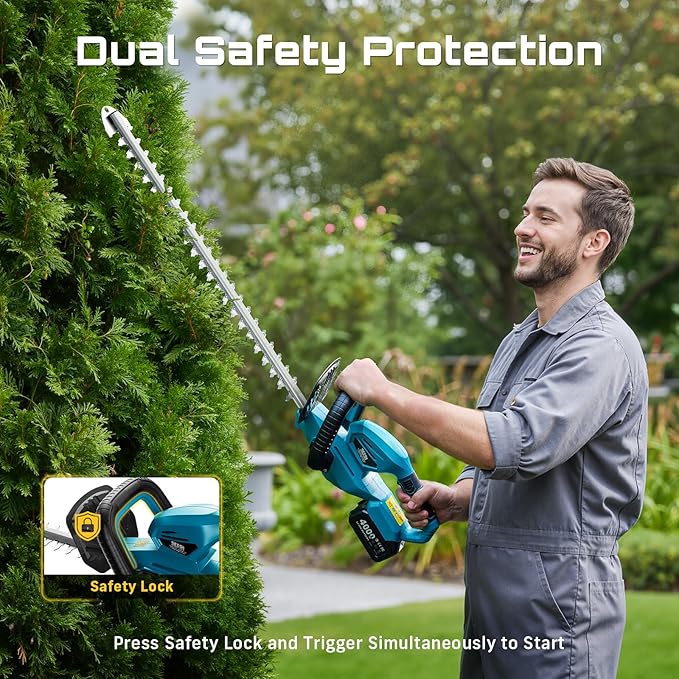 SEESII 20V Hedge Trimmer Cordless: 20" Electric Bush Trimmer - Dual 4.0Ah Batteries, Dual-Action Blade, 0.71" Blade Gap, Rotatable Handle, Lightweight Handheld Grass Shrub Clipper for Garden Yard