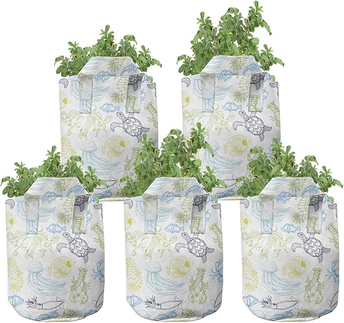 Ambesonne Under The Sea Grow Bags 5-Pack, Various Sea Creatures, Heavyduty Fabric Pots with Handles for Plants, White Green