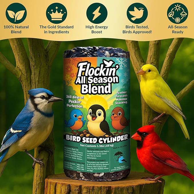 All Year Round Bird Seed Cylinders with Hole – All Season Wild Bird Food for Blue Jays, Cardinals, Doves, Finches & More – Balanced High Energy All Natural Blend, No Fillers – USA Made (6" x 7.75")