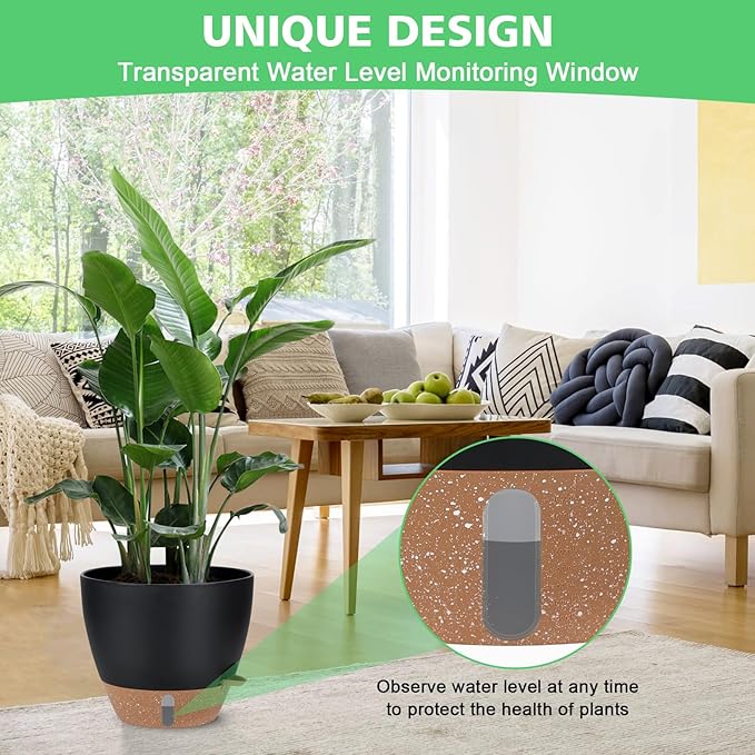 Self Watering Planter Set with Visual Water Level, 6Pack Small Plastic Pot with Drainage Holes and Reservoir Saucers, Modern 8+7+6.5+6+5.5+5 Inch Bottom Watering Flower Pots for Indoor Plant - Black