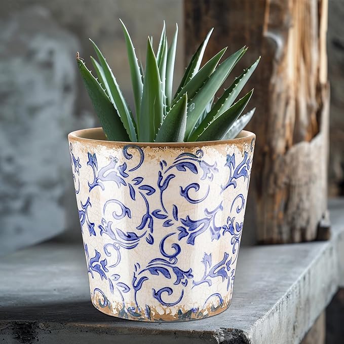Farmhouse Ceramic Planter 5.5 Inch Large Plants Pot Crack White Blue Flowers Plant Pots with Drainage Hole Indoor Plants Kitchen Rustic Antique Decor Gift